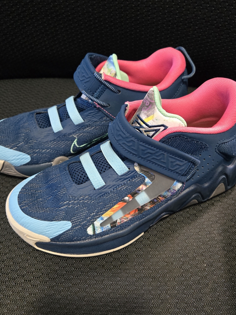 Nike Kids Navy and Pink Velcro Athletic Sneakers with Light Blue Accents